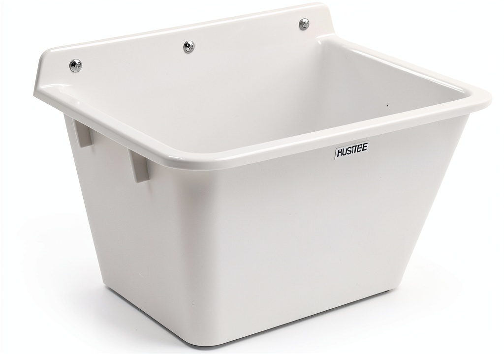 Mustee Wall Mounted Laundry Tray installed in tight laundry room corner