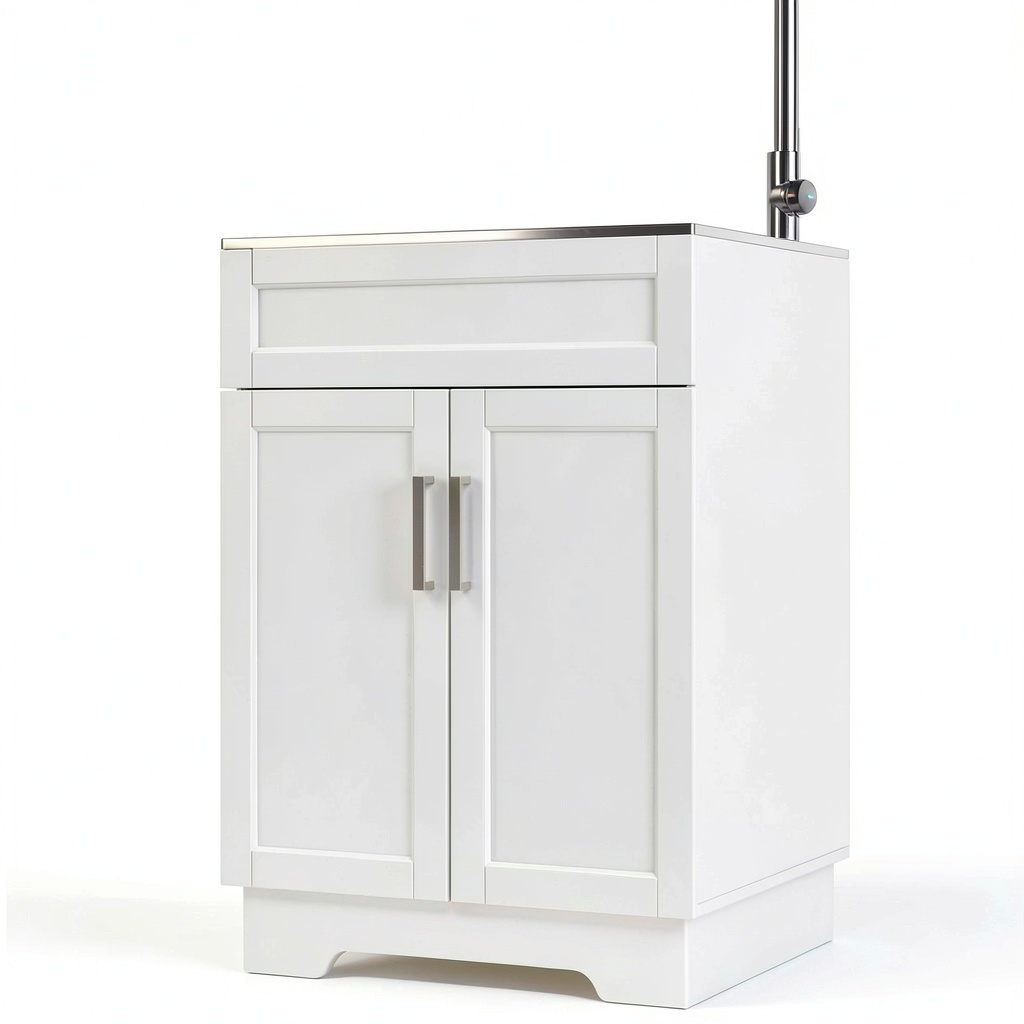 'XM-ICE laundry sink cabinet in a white utility room setting'