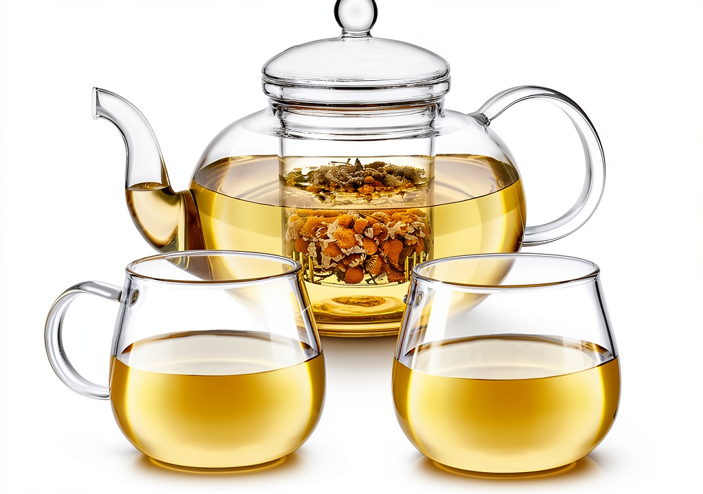 Teabloom Clear Glass Tea Set on a kitchen counter