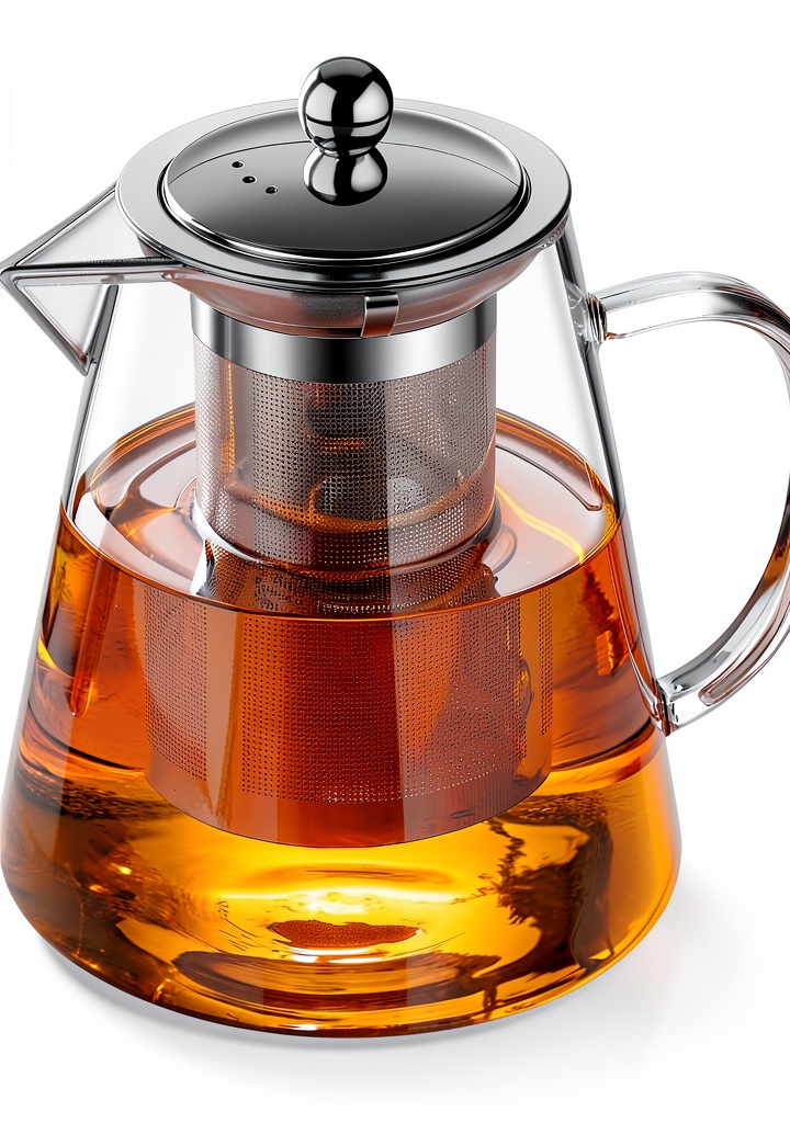 TMOST Borosilicate Glass Teapot 43oz on a kitchen countertop with tea leaves
