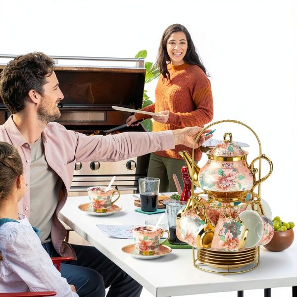 Harmony Large Ceramic Tea Set with 6 Cups and Gold Shelf-5