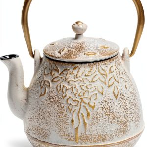 Cast Iron Teapot by toptier Japanese Style Warm Beige 40 oz-0