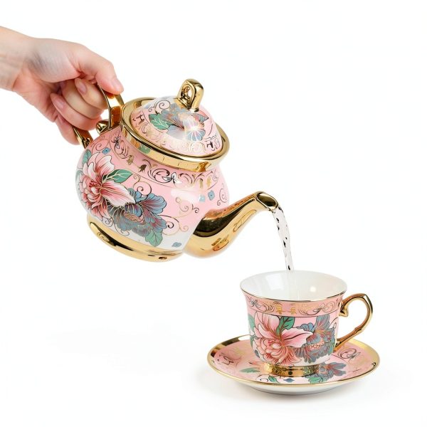 Harmony Large Ceramic Tea Set with 6 Cups and Gold Shelf-7
