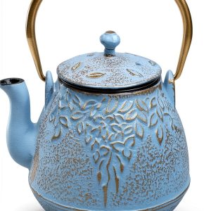 Cast Iron Tea Kettle by toptier 40 oz Turquoise Blue Leaf Design-0