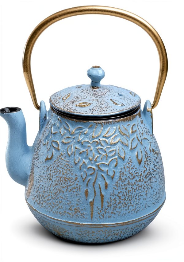 Cast Iron Tea Kettle by toptier 40 oz Turquoise Blue Leaf Design-0