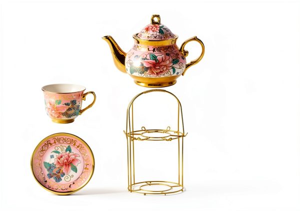 Harmony Large Ceramic Tea Set with 6 Cups and Gold Shelf-1