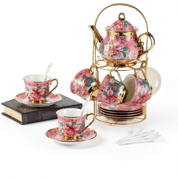 Harmony Large Ceramic Tea Set with 6 Cups and Gold Shelf-6