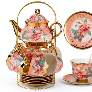 Harmony Large Ceramic Tea Set with 6 Cups and Gold Shelf-0