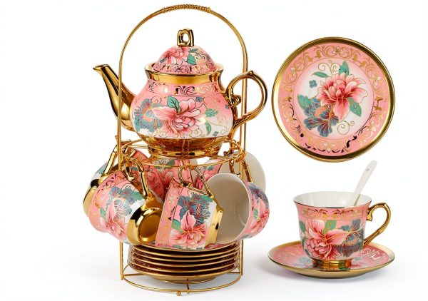 Harmony Large Ceramic Tea Set with 6 Cups and Gold Shelf-0