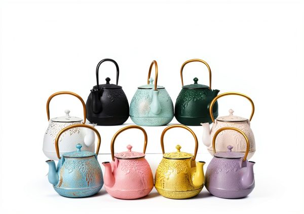 Cast Iron Tea Kettle by toptier 40 oz Turquoise Blue Leaf Design-3
