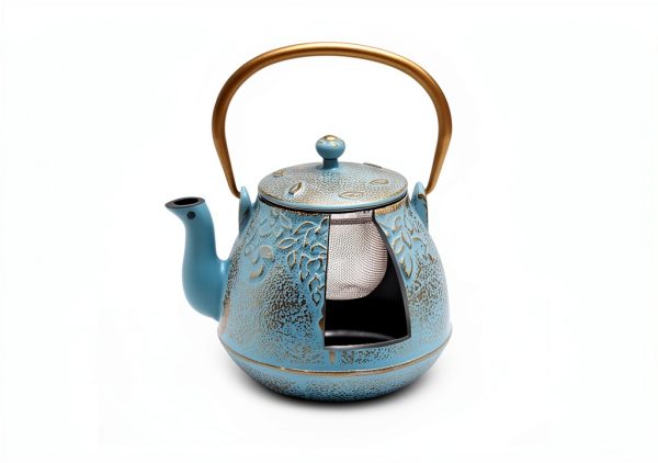 Cast Iron Tea Kettle by toptier 40 oz Turquoise Blue Leaf Design-2