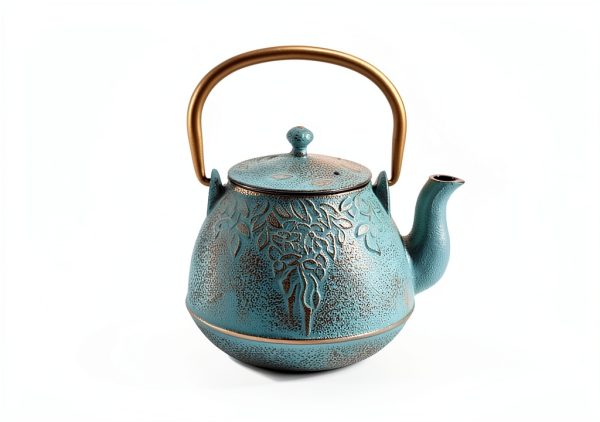 Cast Iron Tea Kettle by toptier 40 oz Turquoise Blue Leaf Design-1