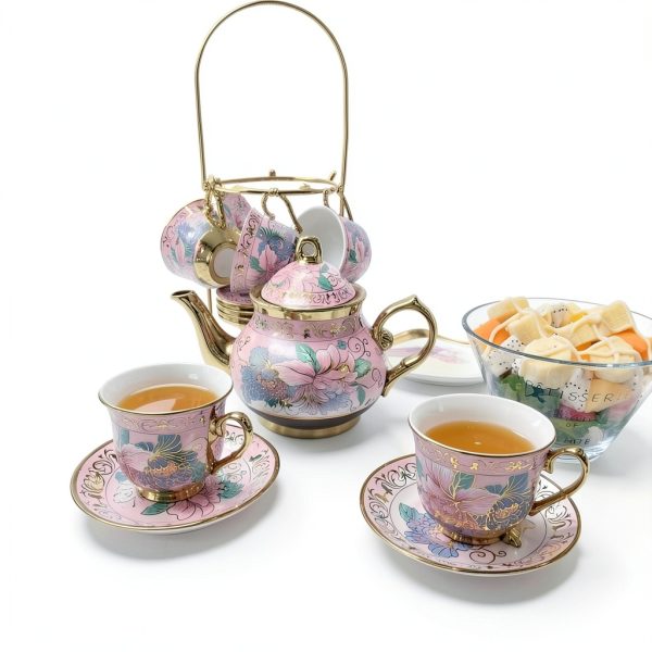 Harmony Large Ceramic Tea Set with 6 Cups and Gold Shelf-3