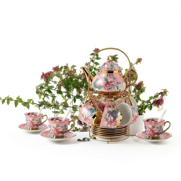 Harmony Large Ceramic Tea Set with 6 Cups and Gold Shelf-4