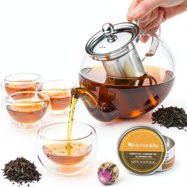 Kitchen Kite Clear Glass Teapot Set 35oz with Lid and 4 Cups-0
